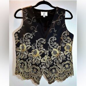 RARE Malibu Black and Gold Floral Embroidered Vest